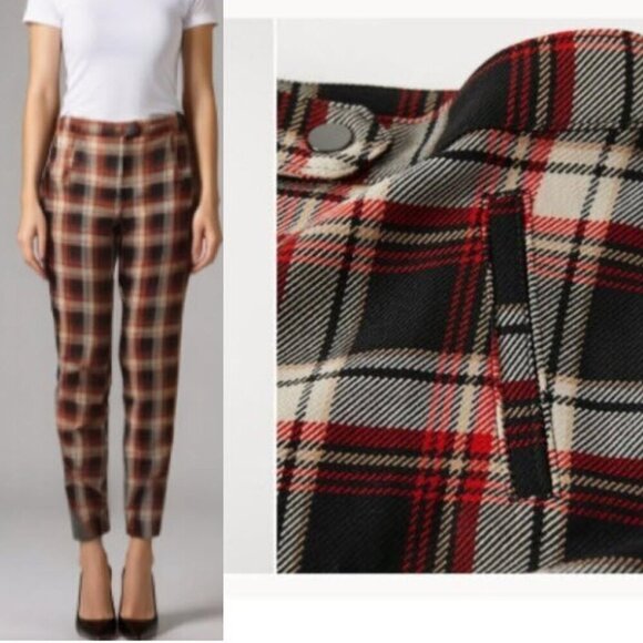H&M Red Plaid High Rise Crop Pants Size 8 - Picture 1 of 13